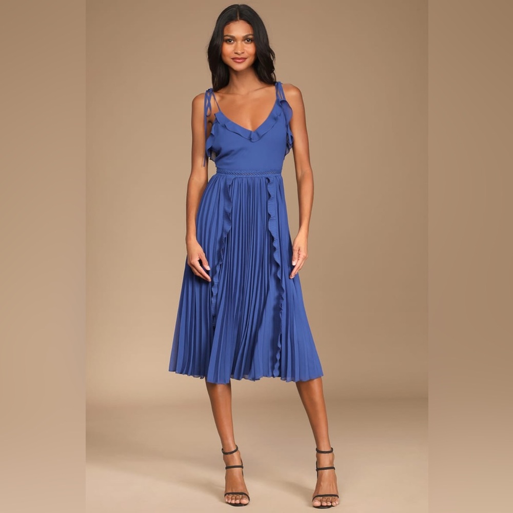 Lulu’s Never a Dull Moment Royal Blue Tie-Strap Pleated Midi Dress